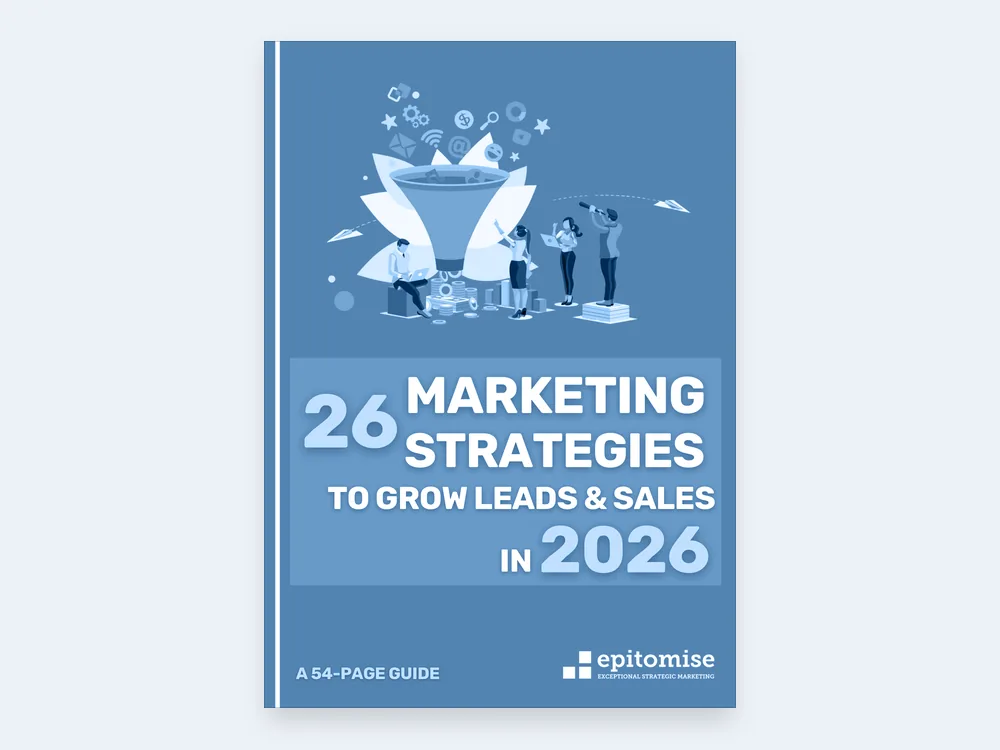 The guide cover, reading “26 Marketing Strategies to Grow Leads & Sales in 2026 — a 54-page guide”