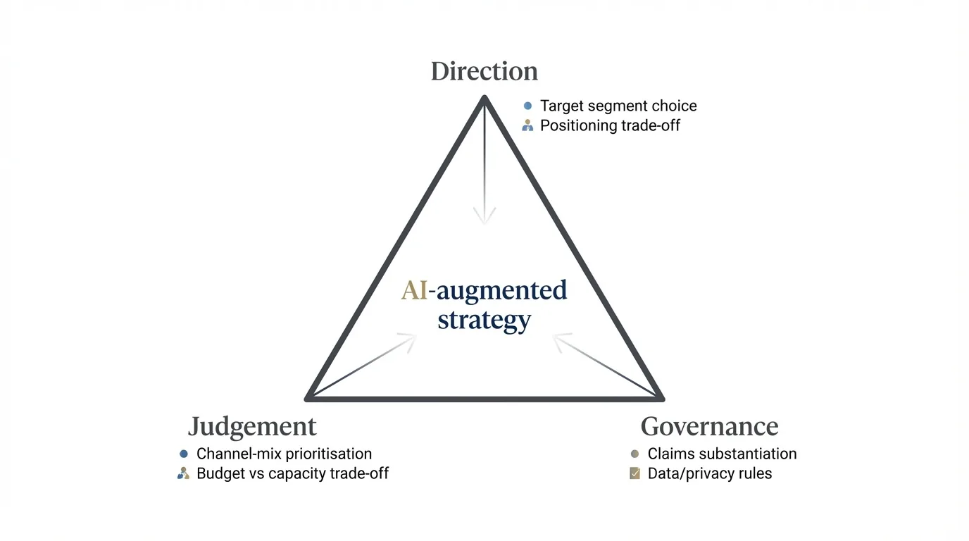 A diagram of an AI-augmented strategy process, with AI generating options and a human decision gate at each stage