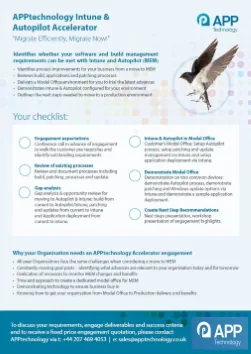 An APPtechnology service flyer for the Intune and Autopilot Accelerator, headed "Migrate Efficiently, Migrate Now", setting out what the accelerator identifies, followed by a six-point checklist of what the engagement covers and a closing note on why an organisation would want it
