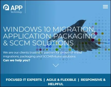 The APPtechnology website homepage, headed Windows 10 migration, application packaging and SCCM solutions