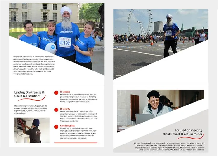 Pages from the SpirIT UK brochure showing the team, charity work and the on-premise and cloud ICT service range