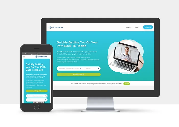 The Doctorama home page on desktop and mobile, with a treatment and location search and a Book Triage Call button above the fold