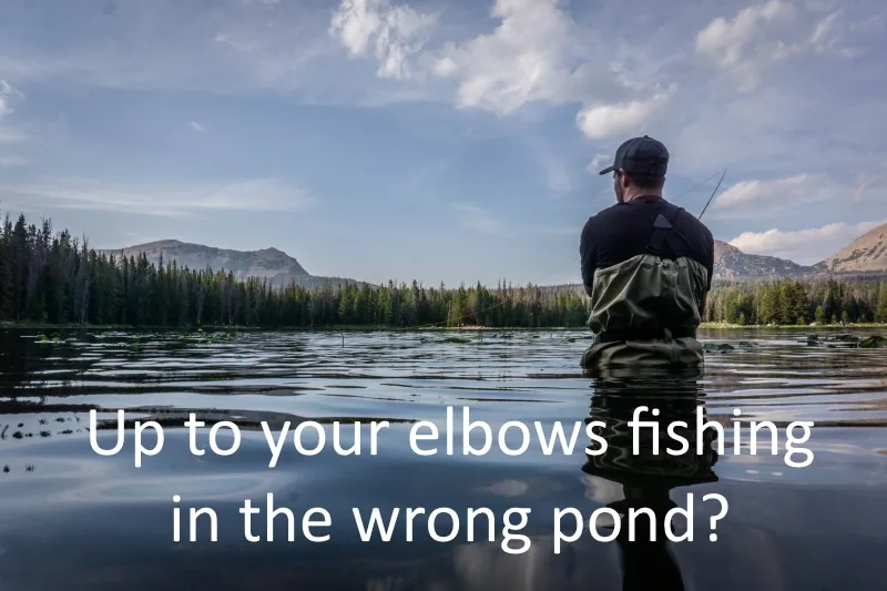 An angler fishing in an empty pond, illustrating marketing aimed at the wrong search demand