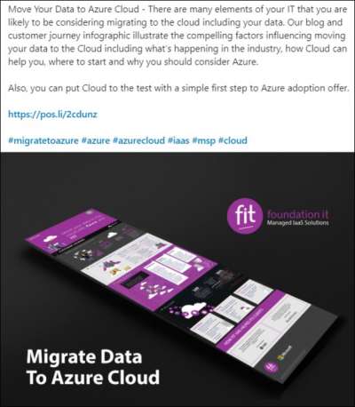 A Foundation IT social post introducing the "Move Your Data to Azure Cloud" blog and customer-journey infographic, shown beneath as a folded printed panel headed "Migrate Data To Azure Cloud"