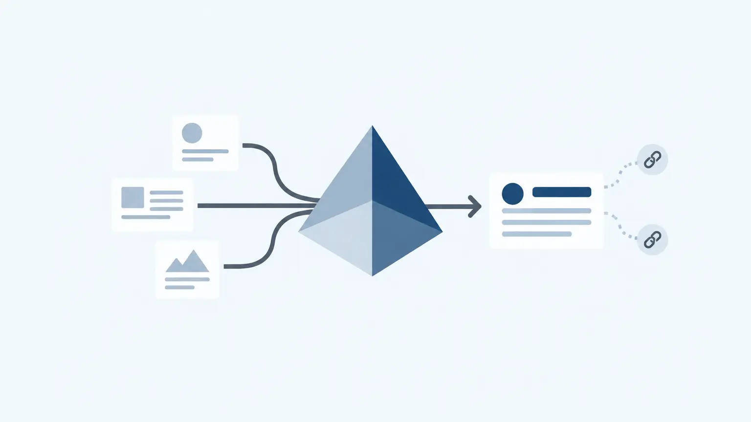Infographic showing an AI answer connecting cited facts from a credible company website