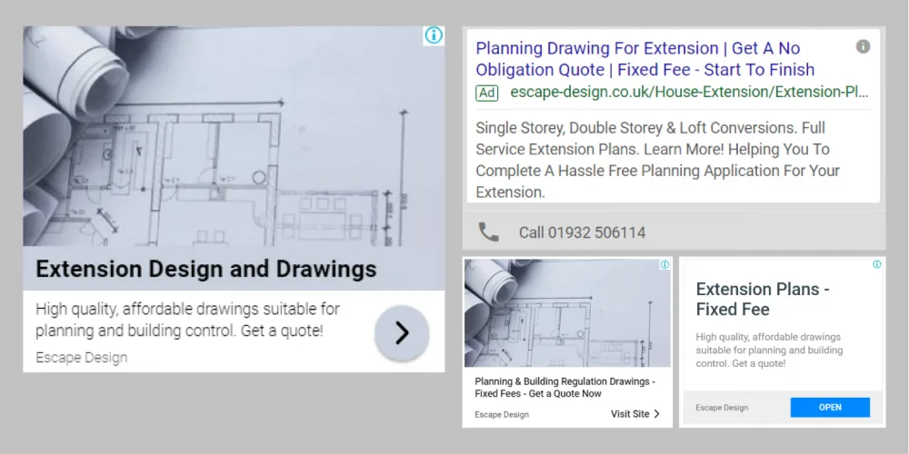 Escape Design search and display adverts offering fixed-fee planning drawings for house extensions