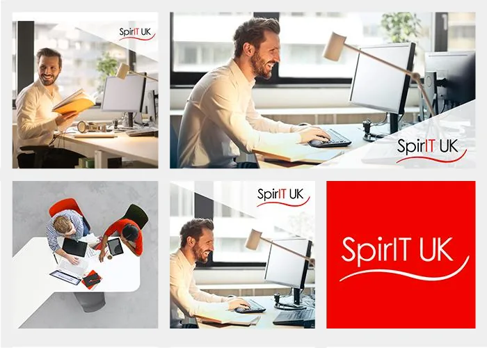 Six SpirIT UK advertising creatives in the brand's red and white identity, showing IT professionals at work