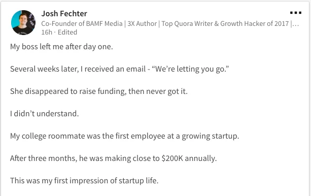 Screenshot of a long-form LinkedIn status update written in short single-line paragraphs with a strong opening hook