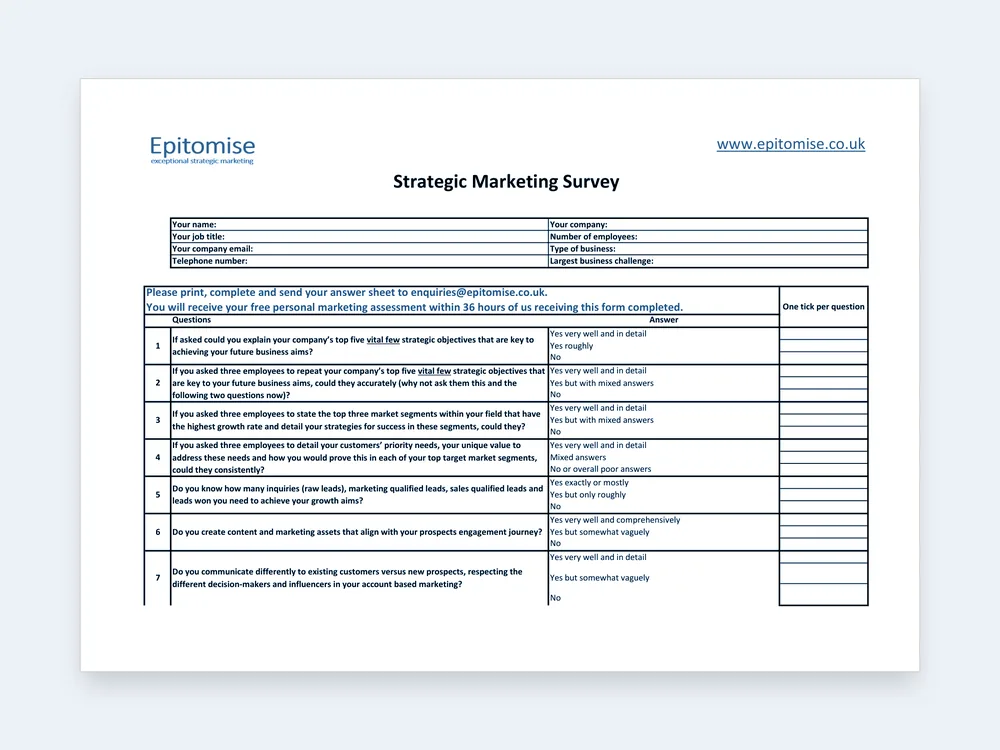 The health check answer sheet, headed “Strategic Marketing Survey”