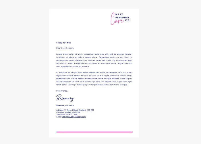 Mary Personal Care letterhead design