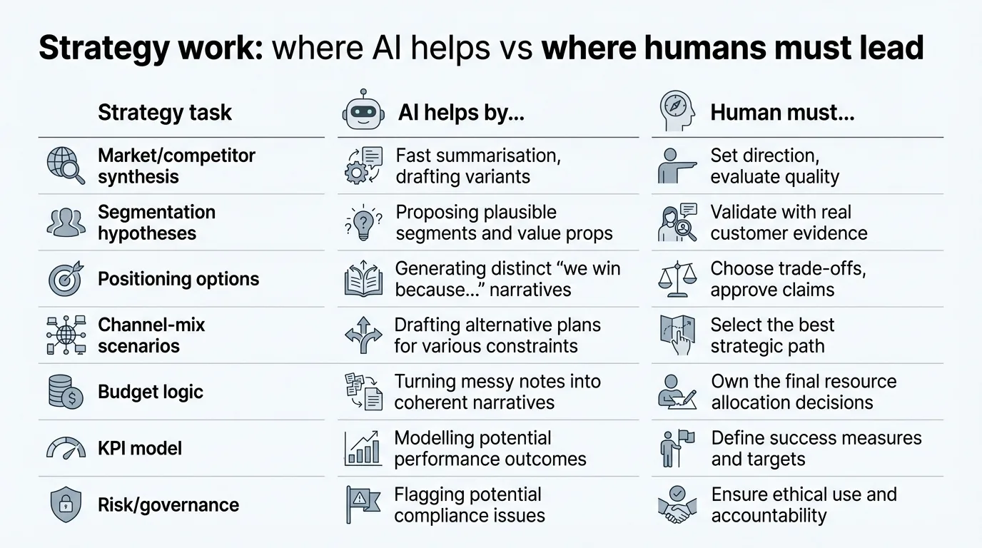 A split illustration contrasting AI-generated strategy drafts on one side with a senior marketing leader making trade-off decisions on the other