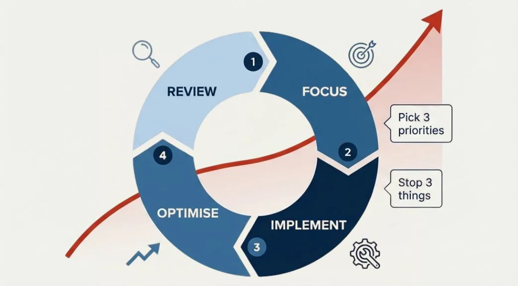 The four stages of the Transform Loop — Review, Focus, Implement, Optimise — shown as a repeating quarterly cycle