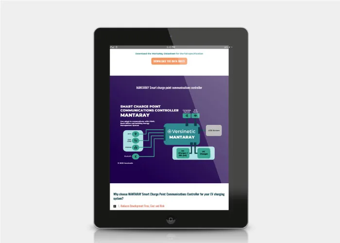A Versinetic product page for the MANTARAY smart charge point communications controller, shown on a tablet, with a system diagram and a Download the datasheet button