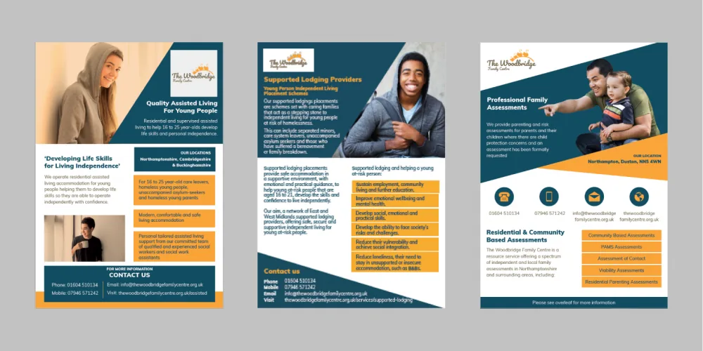 Printed leaflets for Woodbridge, each promoting a specific service to a specific audience