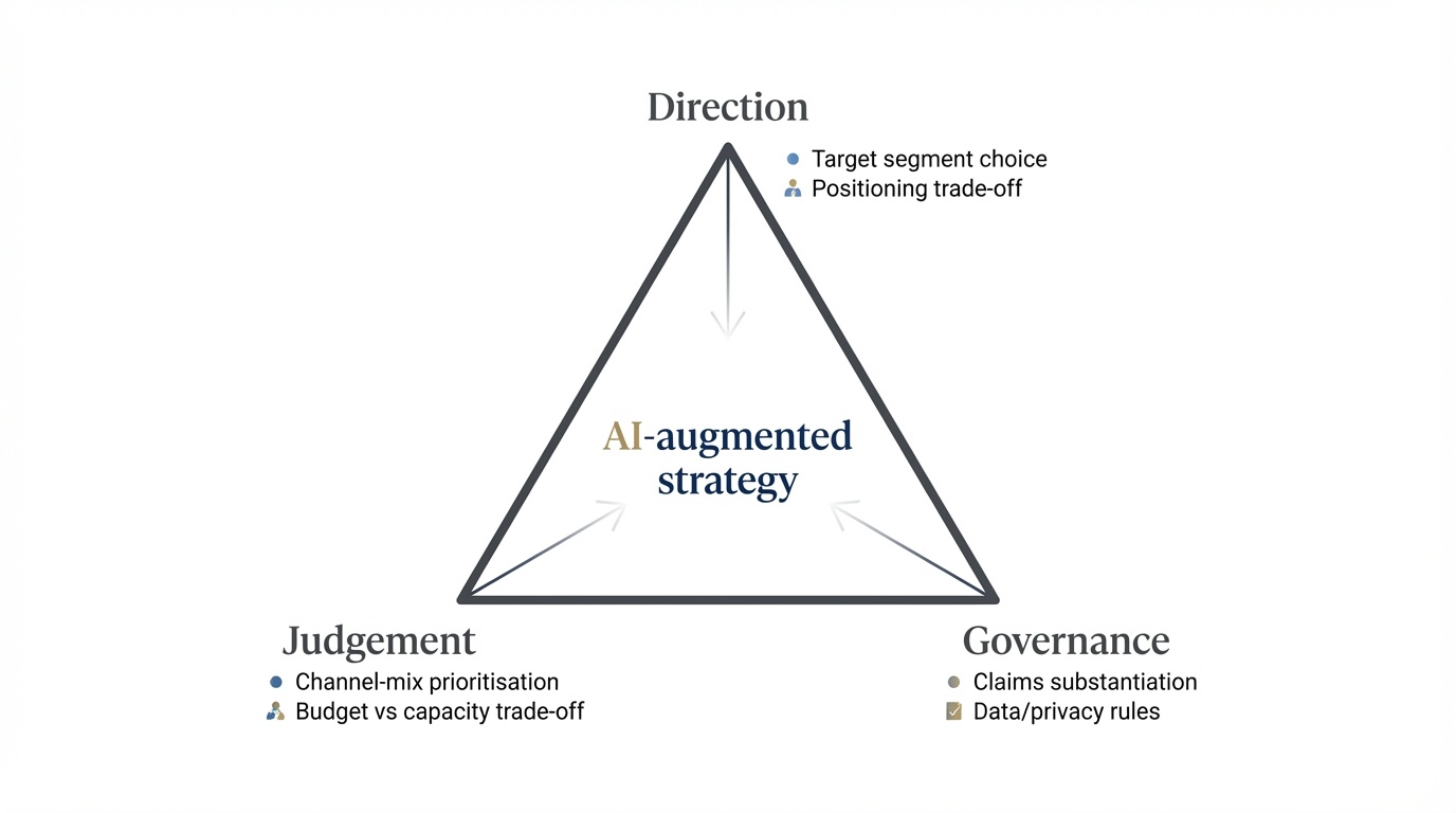 Triangle diagram showing the three leadership responsibilities in AI-assisted strategy: Direction, Judgement, and Governance.