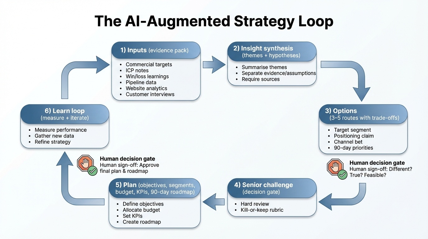 Flow diagram of an AI-augmented strategy loop from evidence pack to options, decision gate, execution plan, and learning loop.
