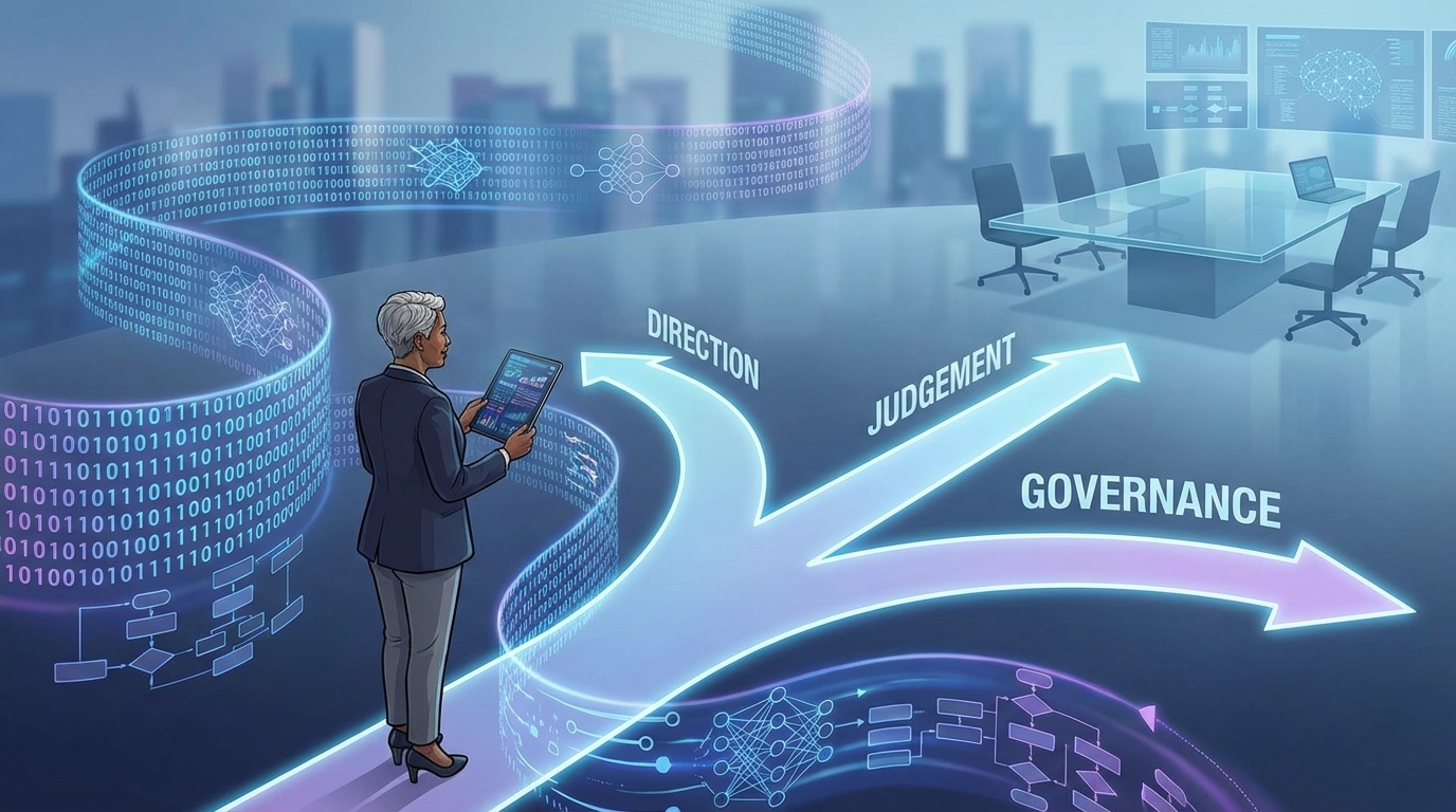 A senior marketing leader reviewing AI-generated strategy routes, checking evidence, trade-offs and risks before approval.