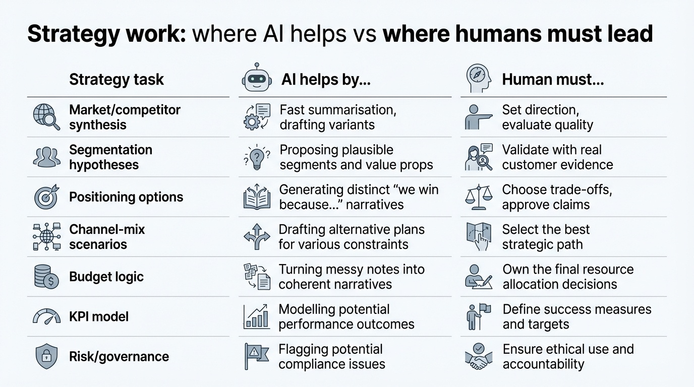 A visual comparison of AI accelerating drafting versus human leadership providing direction, judgement and governance in marketing strategy.